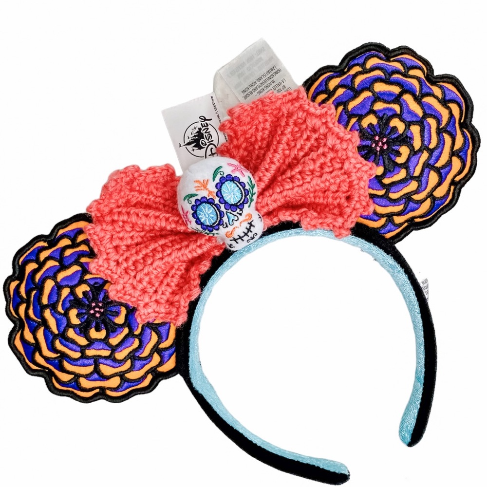 Disney Coral Bow Sugar Skull Ear Headband with Purple & Yellow Flower Ears